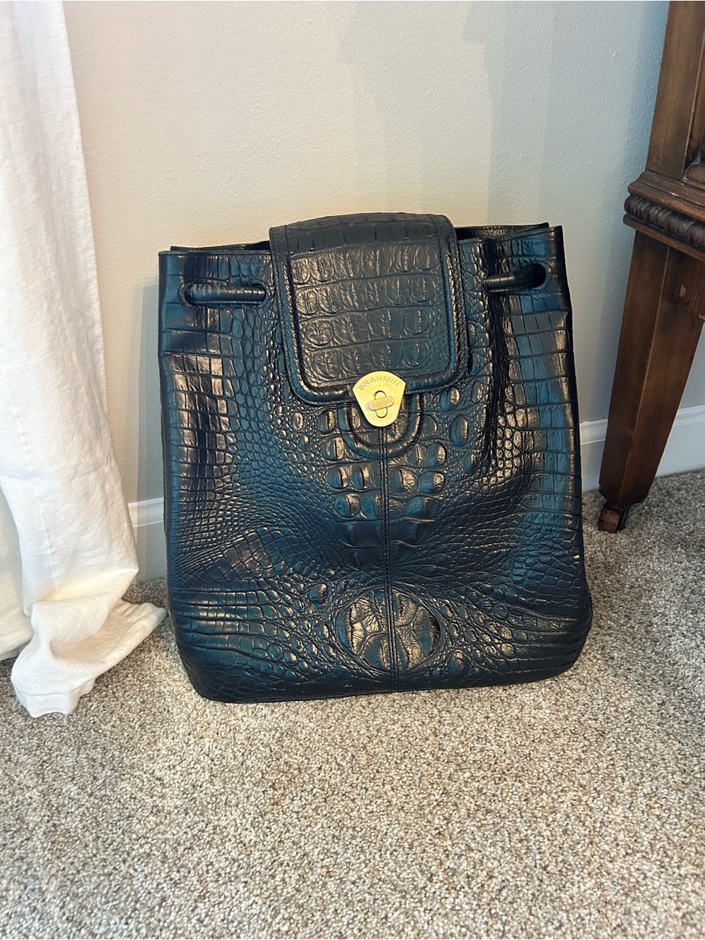 Brahmin Melbourne Black Croc-Embossed Leather Backpack with Gold Hardware